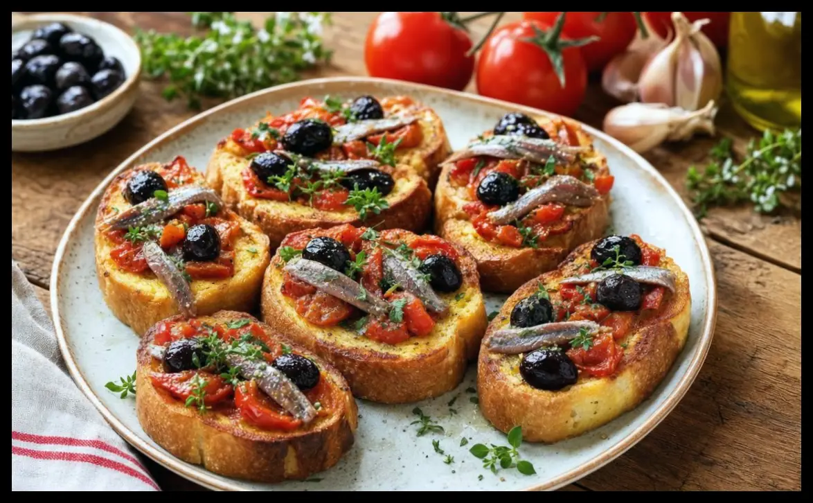 نان کهنه در عصر پیشغذا؛ طرز تهیه مینی نانهای شور با گوجه، آنچوی و زیتون