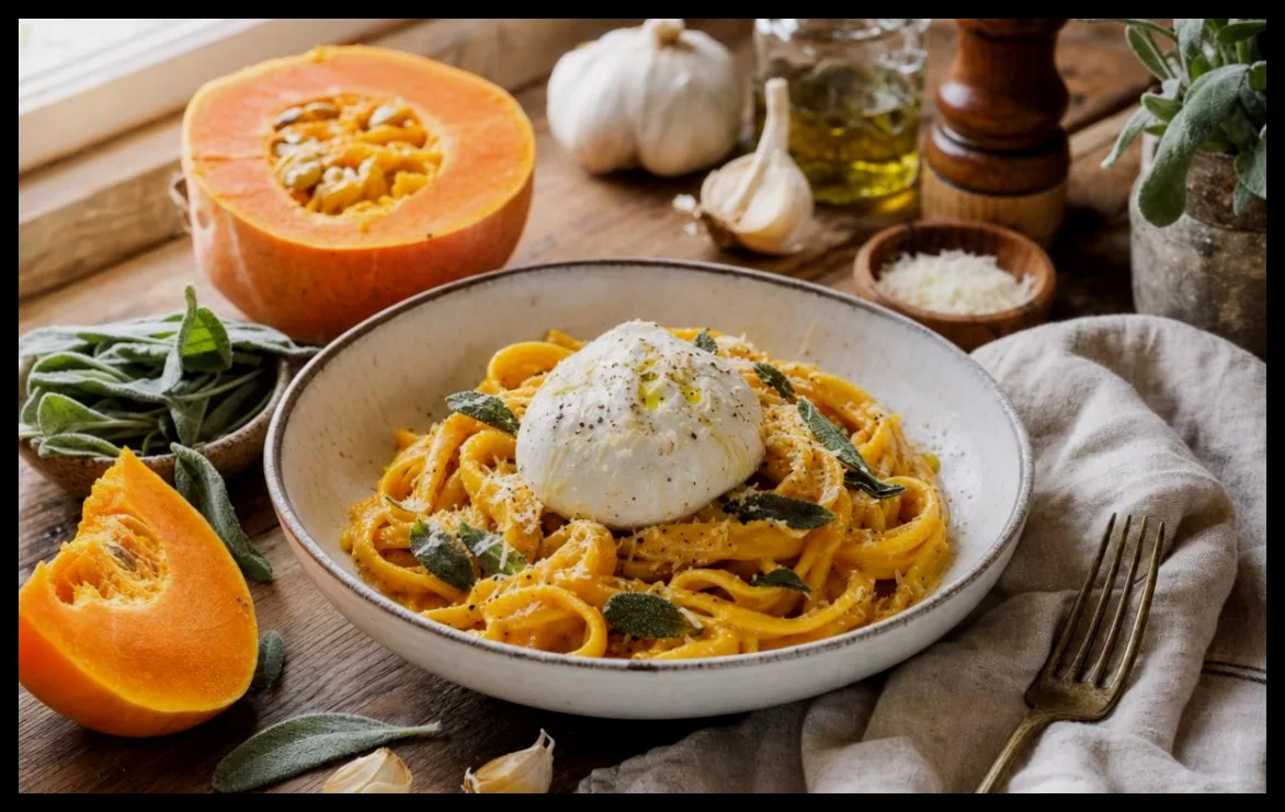 طرز تهیه پاستا با کرم کدو حلوایی و بوراتا؛ غذای محبوب پاییز ۲۰۲۷