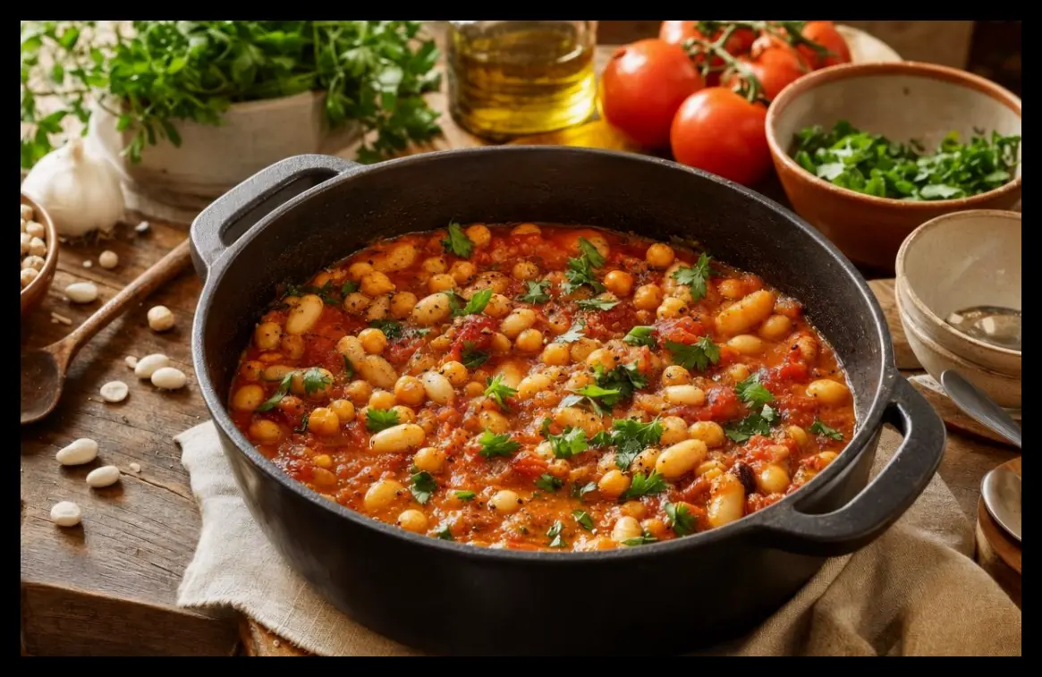 طرز تهیه خوراک لوبیا کوکو و نخود با گوجهفرنگی از سیریل لینیاک، غذای گیاهی و مقوی در ۴۵ دقیقه