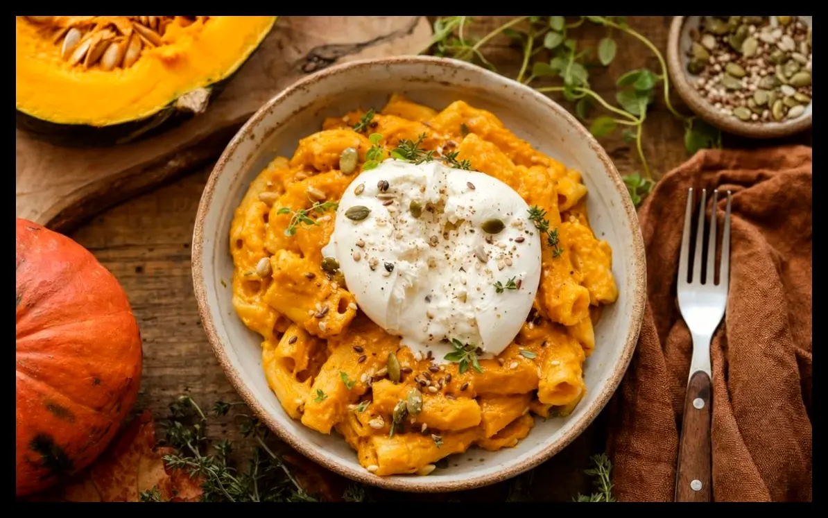 طرز تهیه پاستا با کرم کدو حلوایی و بوراتا؛ غذای محبوب پاییزی