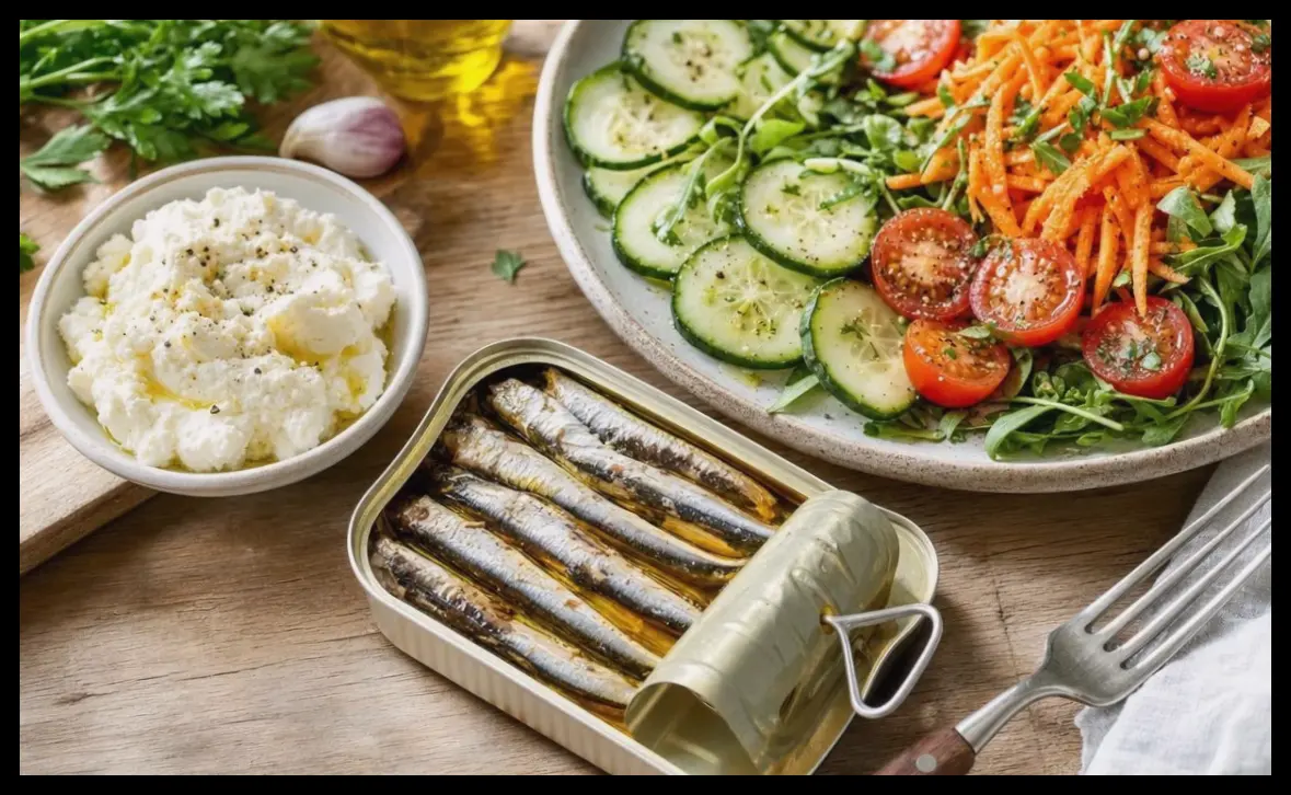 طرز تهیه سالاد پروتئینی با کنسرو ساردین و ۲۰۰ گرم پنیر تازه در ۱۵ دقیقه