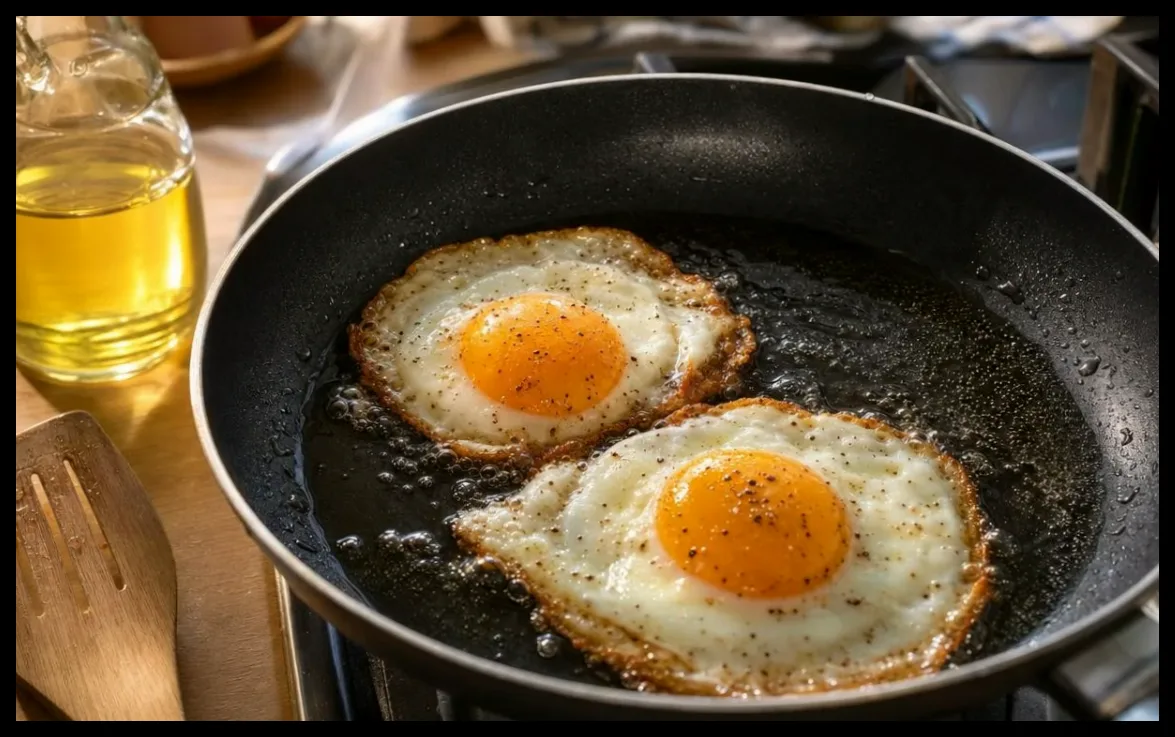 روشی حرفه‌ای برای تهیه تخم‌مرغ نیمرو با لبه‌های طلایی و ترد با روغن زیتون