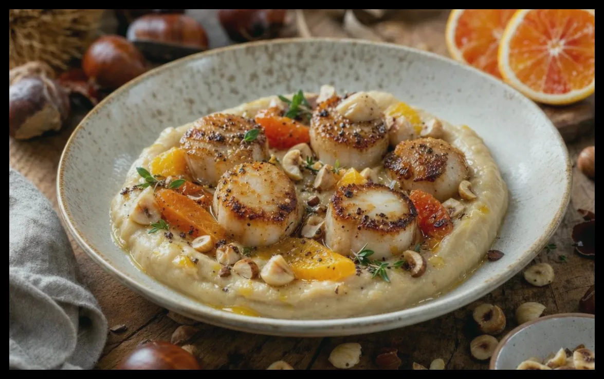 طرز تهیه همراه پاییزی صدف دریایی با پوره شلغم و شاه بلوط به جای برنج و سیب‌زمینی
