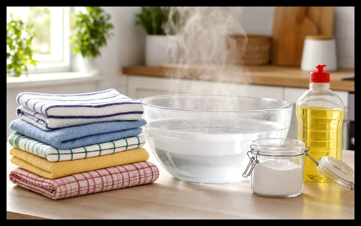 راهکار خانگی برای ضدعفونی سریع و موثر پارچههای آشپزخانه با جوش شیرین و آب داغ